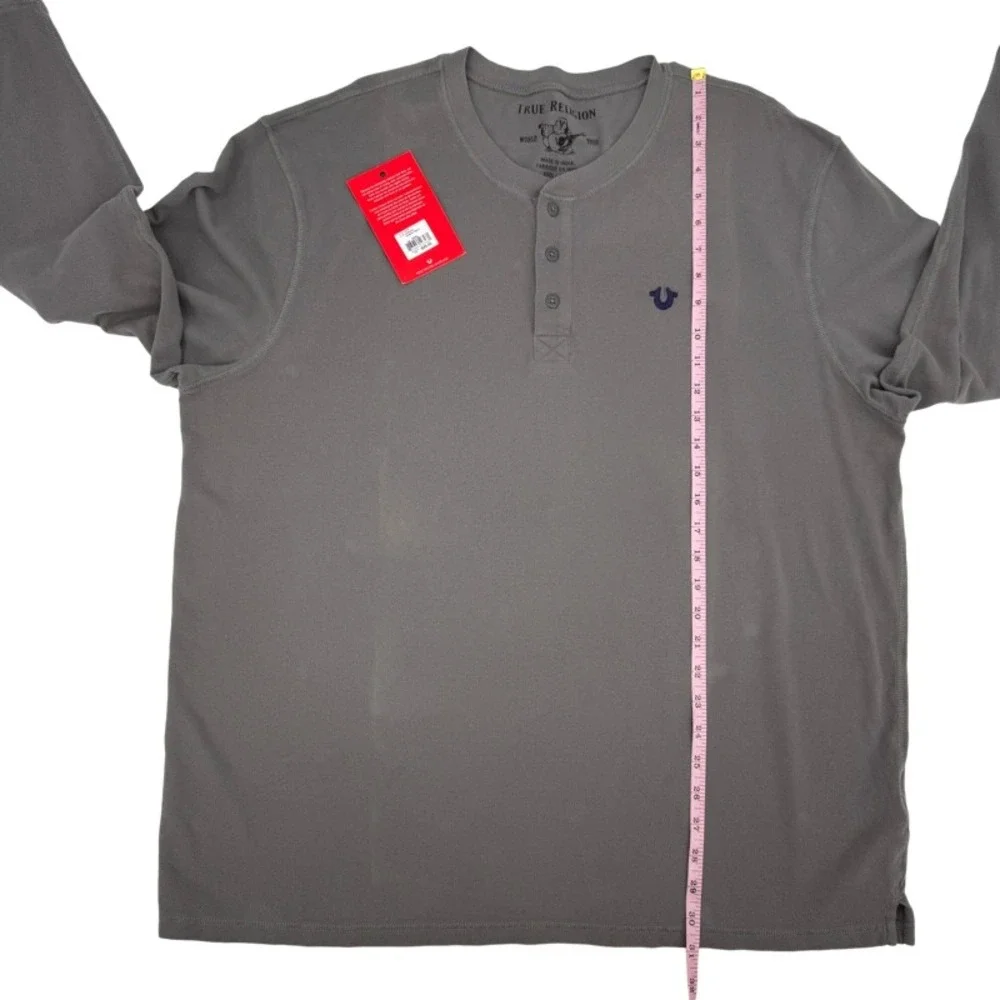 TRUE RELIGION *FLAW* NEW 3XL Henley Shirt Charcoal Gray Long Sleeve Logo Y2K